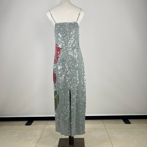 $450 NWOT Farm Rio Blue Sequins Anthurium Flowers Slip Maxi Dress Size S - Picture 11 of 16